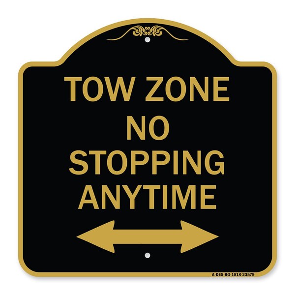 No Stopping Anytime W/ Bi-Directional Arrow, Black & Gold Aluminum Sign, 18" x 18", BG-1818-23579